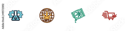 Set Test tube with marijuana, Legalize, Marijuana or cannabis seeds and Shopping cart icon. Vector.