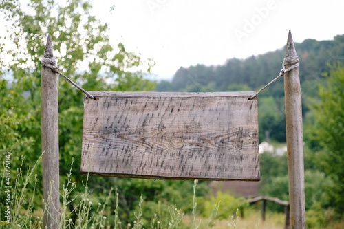 Mockup: empty wooden board hanging on ropes on two pegs on nature green background