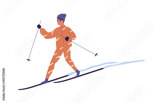 Teenager skiing on snowy track. Skier with poles sliding on snow. Winter activity. Colored flat vector illustration of person doing sports in wintertime