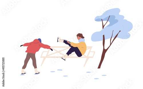 People skating on outdoor ice rink. Man and woman spending leisure time doing winter sport. Colored flat cartoon vector illustration of teen friends in wintertime isolated on white background