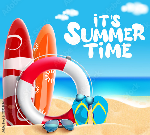 Summer time vector banner design. It's summer time text with beach element like surfboard, lifebuoy and sunglasses in sea and sand background for fun, enjoy and relax vacation. Vector illustration  
