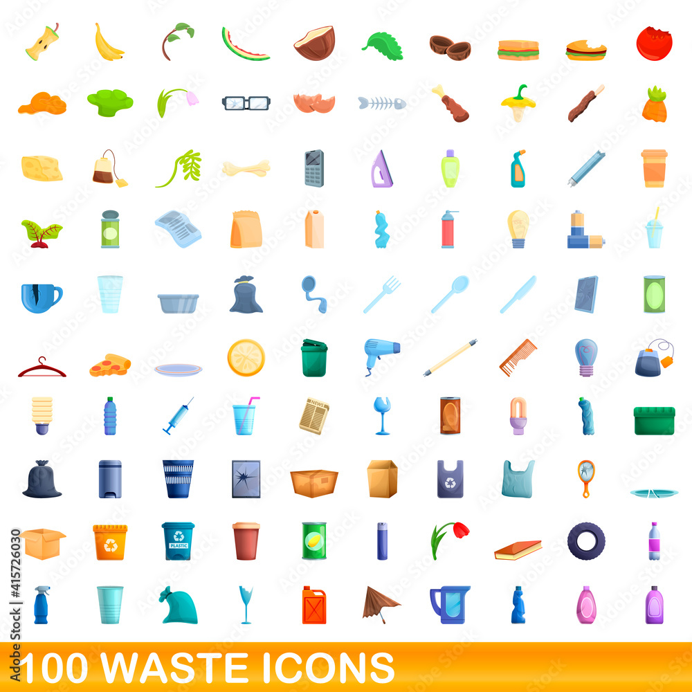 100 waste icons set. Cartoon illustration of 100 waste icons vector set isolated on white background 100 waste icons set. Cartoon illustration of 100 waste icons vector set isolated on white background