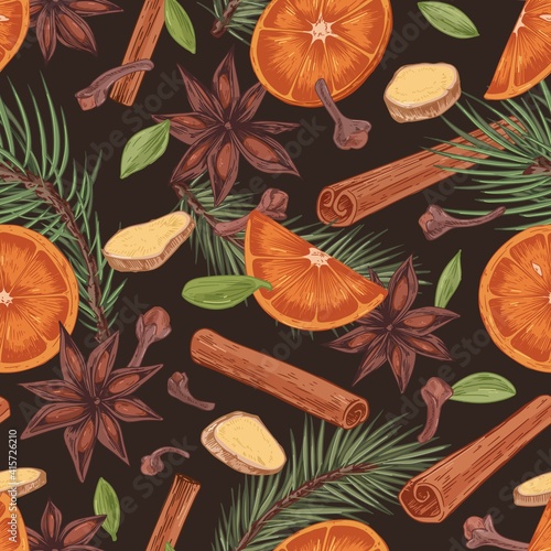 Seamless pattern with winter Christmas spices on black background. Endless wrapping design with pine branches, cinnamon sticks, cardamon seeds, orange and ginger slices. Hand-drawn vector illustration