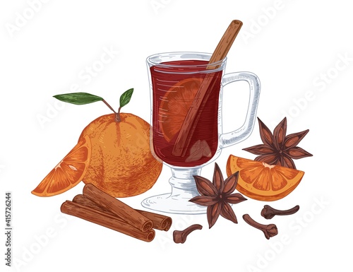 Glass of red mulled wine with winter spices and fruits. Hot spicy drink with cinnamon sticks, cardamon seeds, cloves, anises and orange. Hand-drawn vector illustration isolated on white background