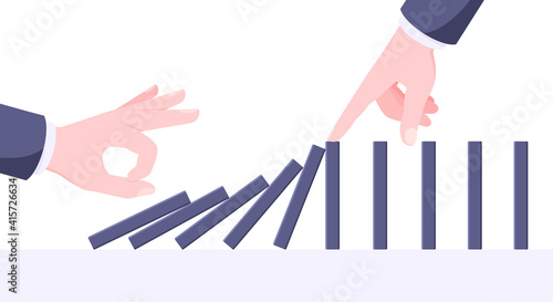 Domino effect business concept. One hand starts chain reaction of falling board game blocks of dominoes and another hand stops it flat style vector illustration.