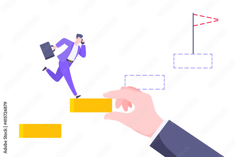 Business mentor helps to improve career and holding stairs steps vector illustration. Mentorship, upskills and self development strategy flat style design business concept.