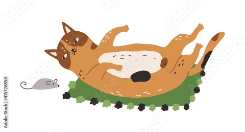 Cute and funny cat lying with belly up and looking at mouse. Adorable lazy kitty playing and hunting. Hand-drawn colored flat vector illustration isolated on white background