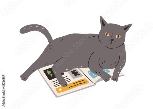 Cute and funny naughty cat lying on book. Adorable gray kitty isolated on white background. Hand-drawn colored flat vector illustration in doodle style