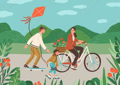 Happy family spend time together outdoors riding bicycle, skateboard and rolling on roller skates. Active leisure in nature. Father, mother and child on summer holidays. Flat vector illustration