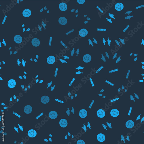 Set Man with excessive sweating, Test tube and flask, Fish and Sesame seeds on seamless pattern. Vector.