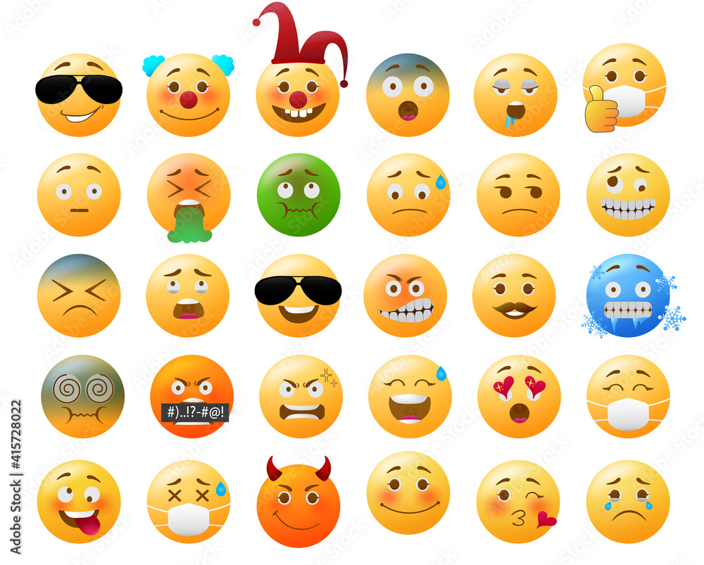 Smiley emoji vector set. Smileys yellow icon in funny, sick, dizzy and cold facial expressions isolated in white background for emoticon collection design. Vector illustration
Smiley emoji vector set. Smileys yellow icon in funny, sick, dizzy and cold facial expressions isolated in white background for emoticon collection design. Vector illustration