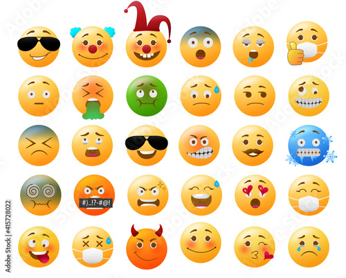 Smiley emoji vector set. Smileys yellow icon in funny, sick, dizzy and cold facial expressions isolated in white background for emoticon collection design. Vector illustration 