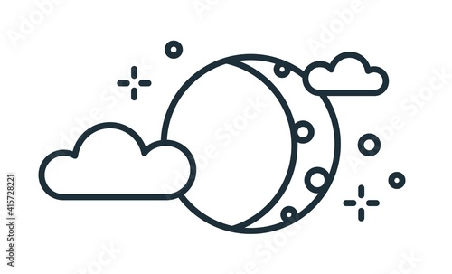 Simple weather icon of lunar eclipse. Half moon or waxing crescent with stars...