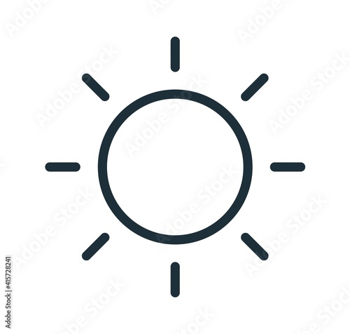 Simple line art icon of sun with bright sunbeams. Line art symbol of hot weather or intensity. Solar circle with rays. Linear flat vector illustration isolated on white background
