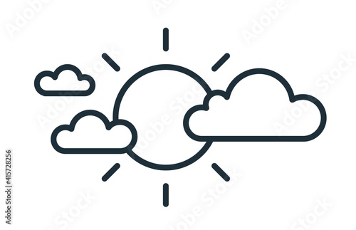 Simple icon in line art style with sun and clouds. Partly sunny weather forecast. Linear flat vector illustration isolated on white background
