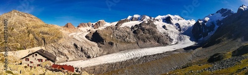 big glacier panorama picture. Morteratsch glacier with a view of the bianco ridge from the piz bernina. sac refuge photo