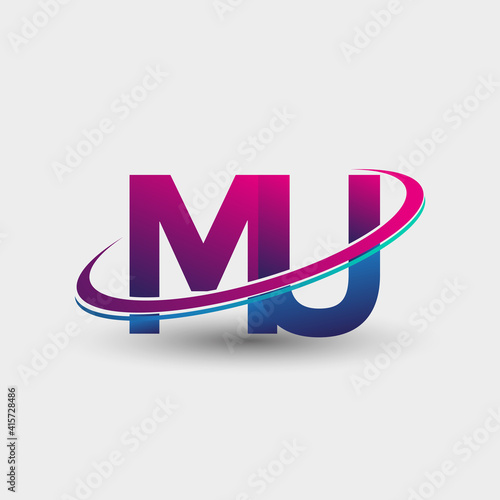MU initial logo company name colored blue and magenta swoosh design, isolated on white background. vector logo for business and company identity.