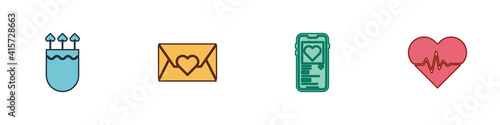 Set Quiver and arrows with heart, Envelope Valentine, Mobile and Heart rate icon. Vector.