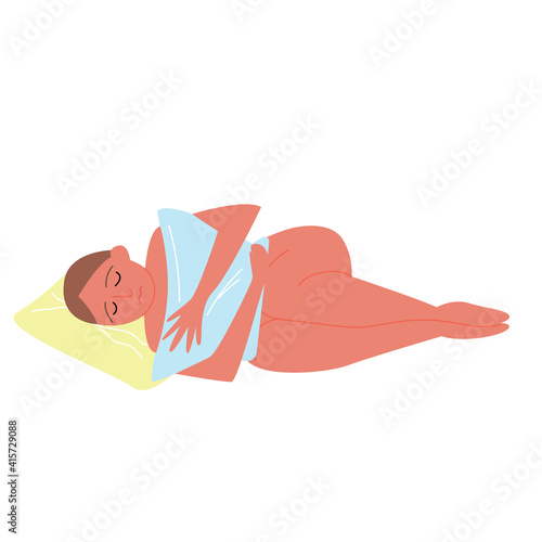 Female abdominal pain in PMS. Vector hand-drawn illustration of a sad girl with a pillow in her hands, hormonal failure. The concept of women's health. Feminine design. Premenstrual syndrome.