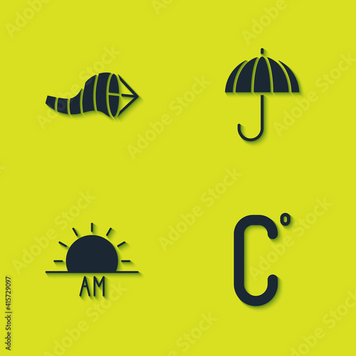 Set Cone meteorology windsock wind vane, Celsius, Sunrise and Umbrella icon. Vector.