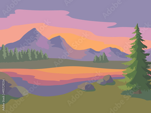 Mountain lake sunset graphic color landscape illustration vector