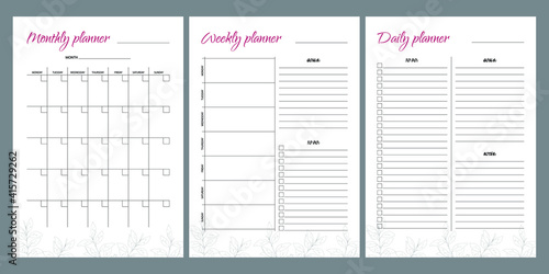 Set of planners with leaf design. Monthly, weekly, daily planner.
