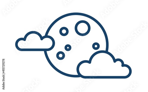 Simple weather icon with full moon with clouds. Symbol of cloudy night in lin...