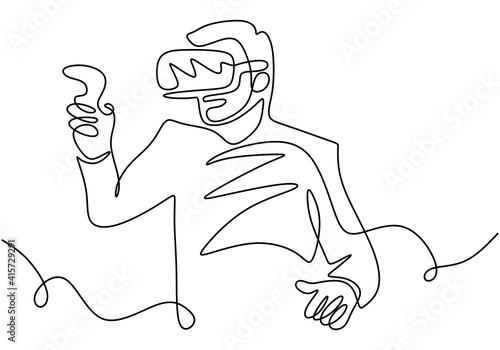 Continuous line drawing of man in VR glasses, holding motion controller. A male playing virtual games hand drawn line art doodle minimalist design. Technology, device, gaming, future, visual theme
