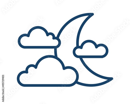 Simple weather icon with half moon or waning crescent with clouds. Symbol of cloudy night in line art style. Linear flat vector illustration isolated on white background