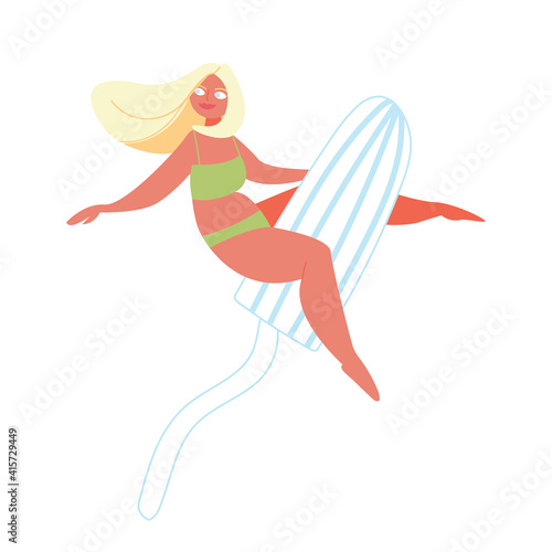 Cartoon young girl in underwear sitting astride a tampon. Vector hand-drawn illustration of happy women on tampons. Female menstruation. The concept of women's health and healthcare. Feminine design.