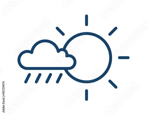 Rainy and sunny weather icon in line art style with sun and cloud with raindrops. Partly sunny with rain. Linear flat vector illustration isolated on white background