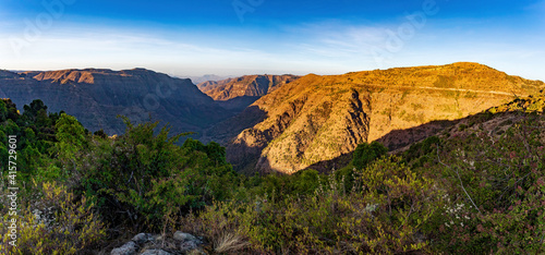 sunrise hills panorama of beautiful Semien or Simien Mountains National Park landscape in Northern Ethiopia near lalibela and Gondar. Africa wilderness