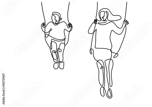 Continuous one line drawing of mother and her son sitting and playing swinging. Happy young mommy playing together with her little boy at the playground hand draw contour with minimalism design
