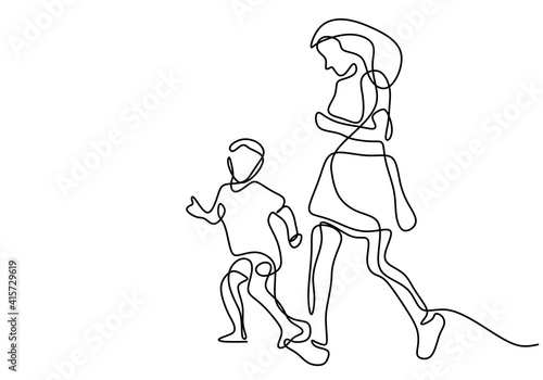 Continuous line drawing of young mother run together with her kid in the morning. Happy cheerful mom and son doing exercise at the field park. Family loving care concept. Vector illustration