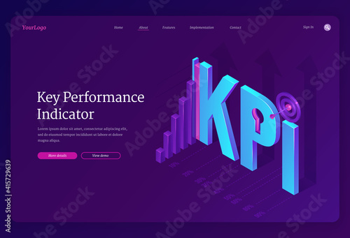 Key performance indicators banner. Concept of measurement success of company strategy, implement objectives, optimization and development quality. Vector landing page of KPI