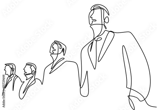 One continuous line drawing of businessman standing with confident pose. A young businessman is looking up the optimistic symbol of success isolated on white background. Vector illustration photo