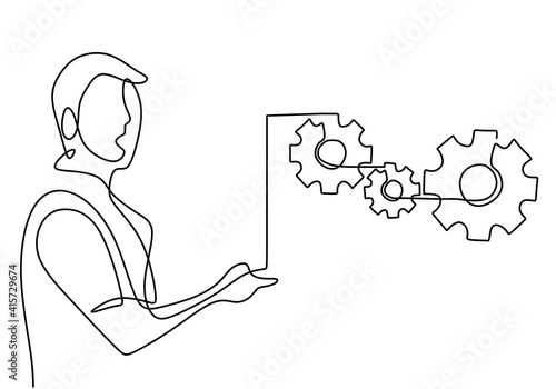 Continuous one single line drawing of young manager giving presentation about decreased product sales but remained stable. Brainstorming over project concept. Vector illustration on white background