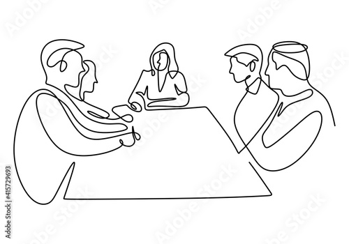 Continuous one line drawing of group of business people having discussion in conference room. Professional young business team is talking new project isolated on white background. Vector illustration
