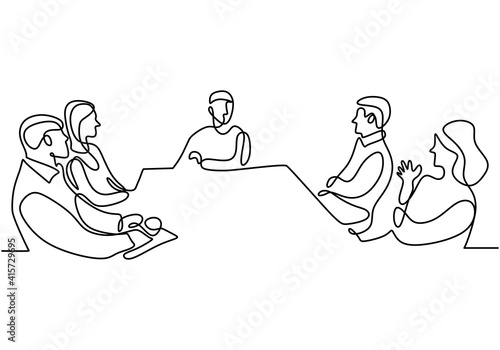 Continuous one line drawing of group of business people having discussion in conference room. Professional young business team is talking new project isolated on white background. Vector illustration