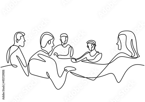 Continuous one line drawing of group of business people having discussion in conference room. Professional young business team is talking new project isolated on white background. Vector illustration