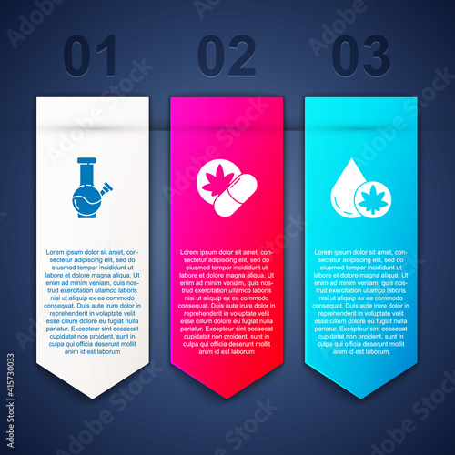 Set Glass bong for smoking marijuana, Herbal ecstasy tablets and Marijuana cannabis olive oil. Business infographic template. Vector.