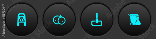 Set Wet floor and cleaning in progress, Washing dishes, Mop and Trash can garbage bag icon. Vector.