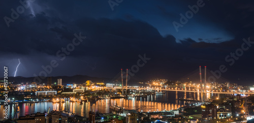Lightning storm over night city.