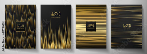 Modern black stripe cover design set. Luxury creative gold dynamic diagonal line pattern. Formal premium vector background for business brochure, poster, notebook, menu template