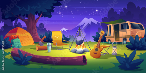 Summer camp at night time. Rv caravan motorhome car stand at campfire with tent, log, cauldron and guitar Summertime vacation, camping, traveling, trip, hiking activities, Cartoon vector illustration