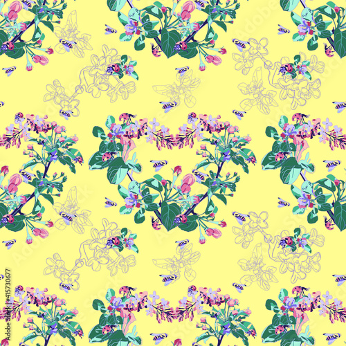 Spring seamless pattern with blossoming apple tree branches, lilacs and insects. Blooming heart. Flowers on a yellow background. Floral background.