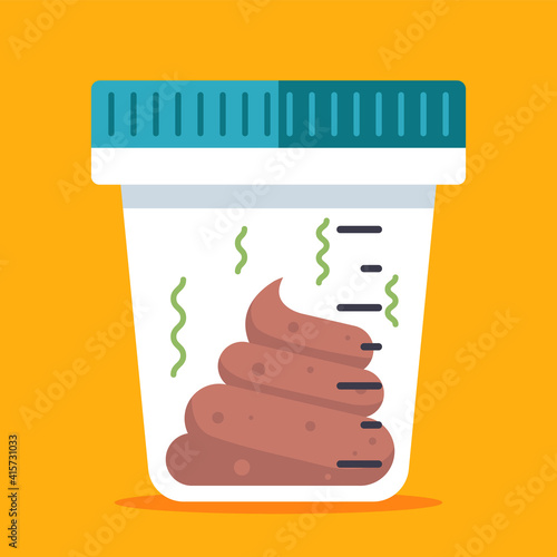 plastic transparent jar with human excrement for medical tests. flat vector illustration.