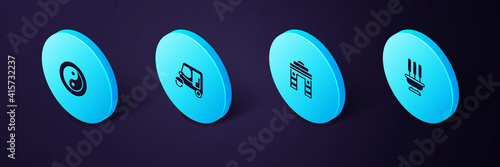 Set Isometric Incense sticks, India Gate in Delhi, Taxi tuk tuk and Yin Yang icon. Vector.