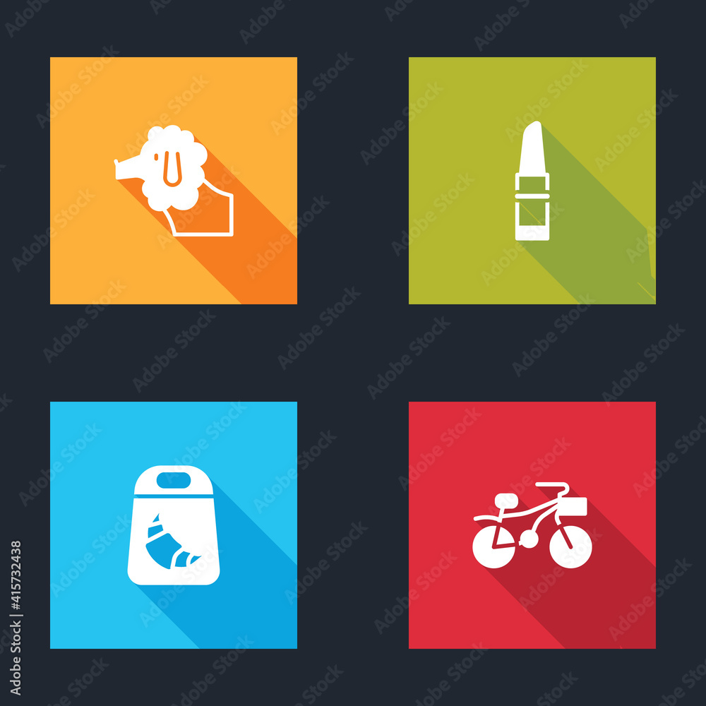 Set Poodle dog, Lipstick, Croissant package and Bicycle icon. Vector. Set Poodle dog, Lipstick, Croissant package and Bicycle icon. Vector.
