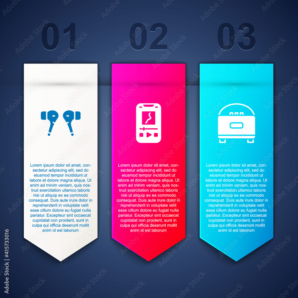 Set Air headphones, Music player and Stereo speaker. Business infographic template. Vector. Set Air headphones, Music player and Stereo speaker. Business infographic template. Vector.